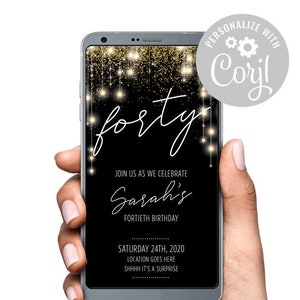 Fyrtio 40-årsfestinbjudan för fyrtio överraskning, SMS, digital text, guld- och svarta ljusslingor, prova innan du köper, Corjl-mall