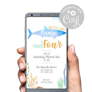 Chic Simplistic Baby Shark Birthday Invitation for a Boy  Turning 1 2 3 4 5 6| Corjl Template Try Before You Buy First Second Three Four
