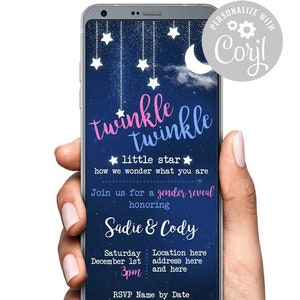 Könnte beinhalten: Eine digitale Einladung zu einer Gender Reveal Party mit einem blauen und rosafarbenen Sternenhimmel als Hintergrund. Der Text lautet "twinkle twinkle little star how we wonder what you are. Join us for a gender reveal honouring Sadie & Cody. Saturday December 1st 3pm. Location here address here and here. RSVP Name by Date. Personalize with Corjl."