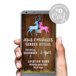 Buck or Doe Gender Reveal Digital Text SMS Einladung eVite Invite Baby Shower | Corjl Template Testen Sie, bevor Sie kaufen Deer Baby Shower