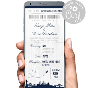 NYC Boarding Pass Sla de datum op Digitale uitnodiging Uitnodiging Tekst Afbeelding SMS Bruiloft Boarding Pass Bestemming Bruiloft New York City Template