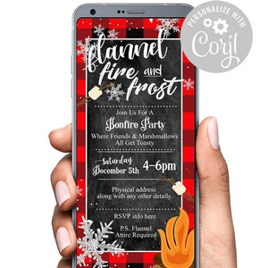 Flannel Frost and Fire Buffalo Plaid Christmas Invitation Flannel and Frost Holiday Text Digital Invite Bonfire Party Marshmallow