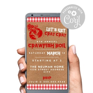 May include: A digital invitation on a smartphone screen for a crawfish boil. The invitation is on a brown background with red and white checkered borders. The text reads "Let's Get Cray Cray 6th Annual Crawfish Boil Saturday March 13 Starting at 3 The Neuman Home 1236 Street Address City RSVP Julie @ 555.555.5555".