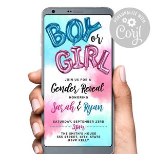Junge oder Mädchen Ballon Gender Reveal Digitale Textnachricht Einladung oder Evite Versuchen Sie, bevor Sie kaufen Vorlage mit Corjl Baby Shower