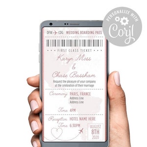 Boda de destino Tarjeta de embarque Invitación de boda Texto Invitación electrónica digital / Mapa mundial de oro rosa Corjl Probar antes de comprar plantilla