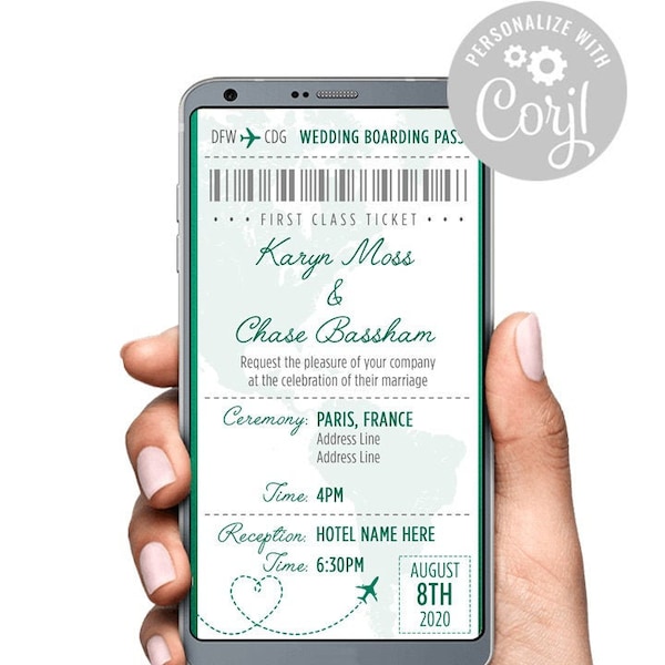 Destination Wedding Boarding Pass Wedding Invitation Text Digital Electronic Invite Emerald Green World Map Corjl Try Before You Buy