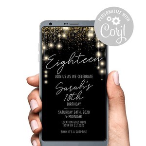 18e dix-huitième anniversaire fête Invitation Surprise anniversaire Evite SMS numérique texte Invitation inviter or noir chaîne lumière Corjl