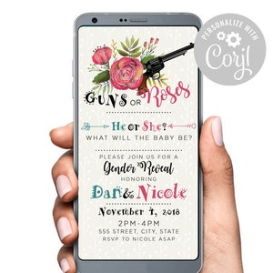 Könnte beinhalten: Eine digitale Einladung zu einer Gender-Reveal-Party mit einem floralen Design und einem Thema mit Pistolen und Rosen. Der Text lautet "Guns or Roses? He or She? What will the baby be? Please join us for a Gender Reveal honouring Dan & Nicole November 4, 2018 2PM-4PM 555 Street, City, State RSVP to Nicole ASAP".