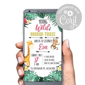 Young Wild and Three Girl Birthday Invitation Digital Invite Text Birthday Jungle Theme | Try Before you Buy