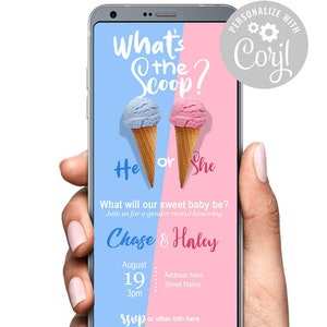 What&#39;s the Scoop Ice Cream Gender Reveal Party Digital Text Invite SMS | Corjl Template Try Before You Buy Boy or Girl