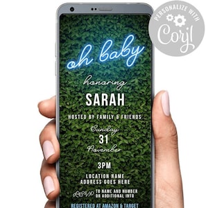 May include: A digital invitation for a baby shower with a green leafy background. The text reads "oh baby honoring SARAH hosted by family & friends Sunday 31 November 3PM LOCATION NAME ADDRESS GOES HERE RSVP TO NAME AND NUMBER OR ADDITIONAL INFO REGISTERED AT AMAZON & TARGET"