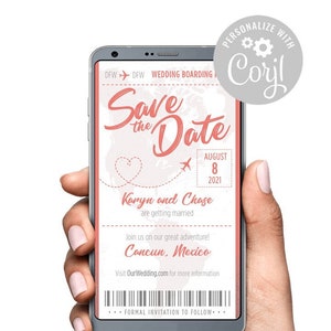 Guardar la fecha Destino Boda Tarjeta de embarque Boleto de avión Color coral Mapa Texto Invitación Corjl Plantilla Probar antes de comprar / Pasaporte