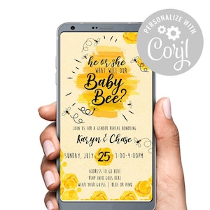 He or She What will the baby BEE be Gender Reveal Invitation Invite Evite SMS Text  Corjl Template Try before you buy