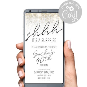 SHHH Es ist eine Überraschung Party Geburtstag SMS Text Digitale Einladung Invite Gold String Lights White Gold Versuchen Sie, bevor Sie kaufen Corjl Template
