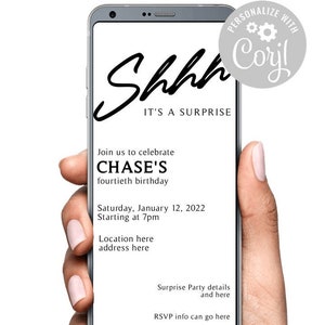 SHHH it&#39;s a Surprise Party Digital Invitation SMS Text Invite Corjl Template Edit Yourself Try Before You Buy Send Image as Text Save Money