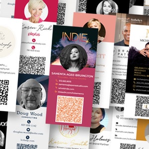 May include: A collage of business cards featuring various individuals and their professions. The cards include names, contact information, and QR codes. Some cards feature a logo or a design element.