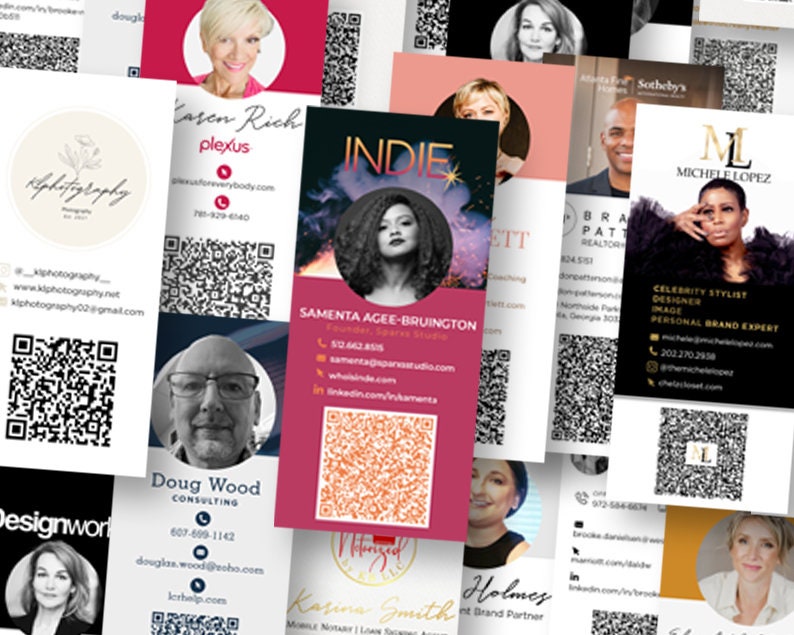 May include: A collage of business cards featuring various individuals and their professions. The cards include names, contact information, and QR codes. Some cards feature a logo or a design element.