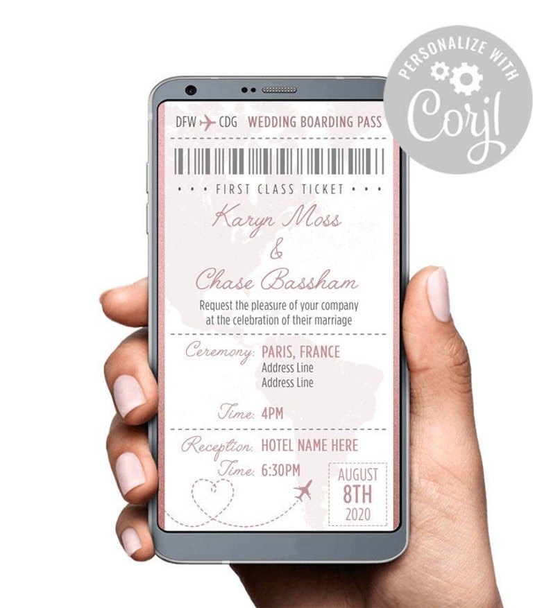 May include: A digital wedding invitation with a pink and white color scheme. The invitation is designed to look like a boarding pass with the text "DFW CDG WEDDING BOARDING PASS" at the top. The invitation includes the names "Karyn Moss & Chase Bassham" and the date "AUGUST 8TH 2020".