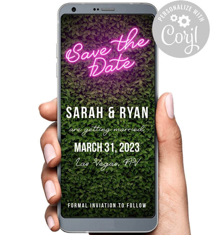 Save the Date Artificial Boxwood Hedge Wall backdrop Image Digital Invitation Send Text SMS Message Template Wedding Party Neon Sign