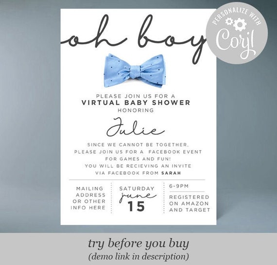 Oh Baby Oh Boy Baby Shower, Bow Tie Baby Shower Digital Printable Invitation Corjl Template Try before you Buy