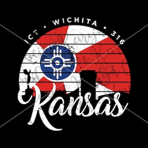 May include: A distressed, vintage-style graphic with a red, white, and blue circular design featuring the Wichita, Kansas city flag. The text "ICT", "WICHITA", "316", and "Kansas" is included in the graphic.