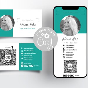 Teal Aqua Business Card for cell phone AND Business Card for Print | Edit yourself Try before you buy | Minimalist Modern QR Code