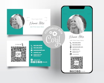 Teal Aqua Business Card for cell phone AND Business Card for Print | Edit yourself Try before you buy | Minimalist Modern QR Code