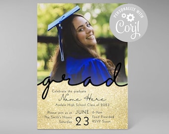 Grad Graduation Announcement Class of 2023 Try Before You Buy Template 5x7 printable Invitation Evite Graduate Gold Glitter Commencement