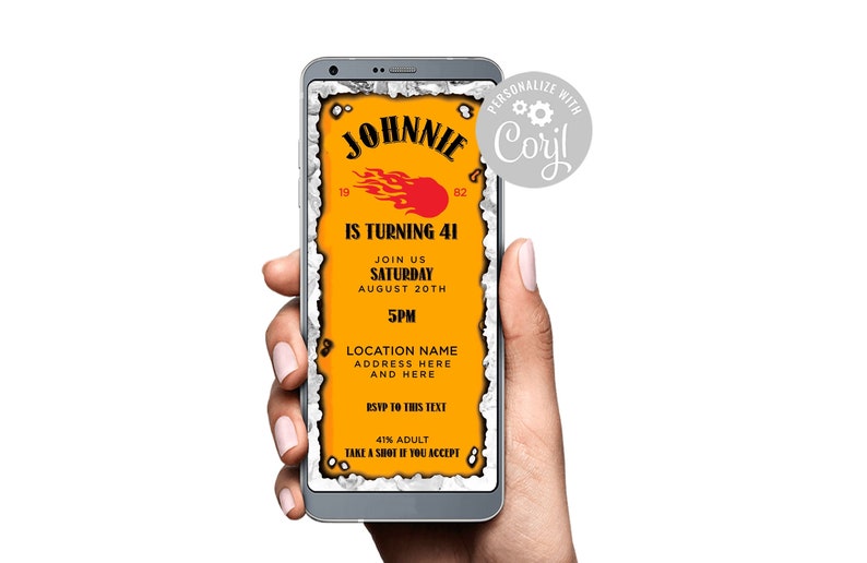 Pu&ograve; includere: Un invito digitale per una festa di compleanno di 41 anni. L'invito &egrave; progettato per assomigliare a una bottiglia di whisky Johnnie Walker. Il testo recita "Johnnie compie 41 anni. Unisciti a noi sabato 20 agosto alle 17:00. Nome del luogo indirizzo qui e qui. RSVP a questo testo 41% adulto. Fai un bicchierino se accetti."