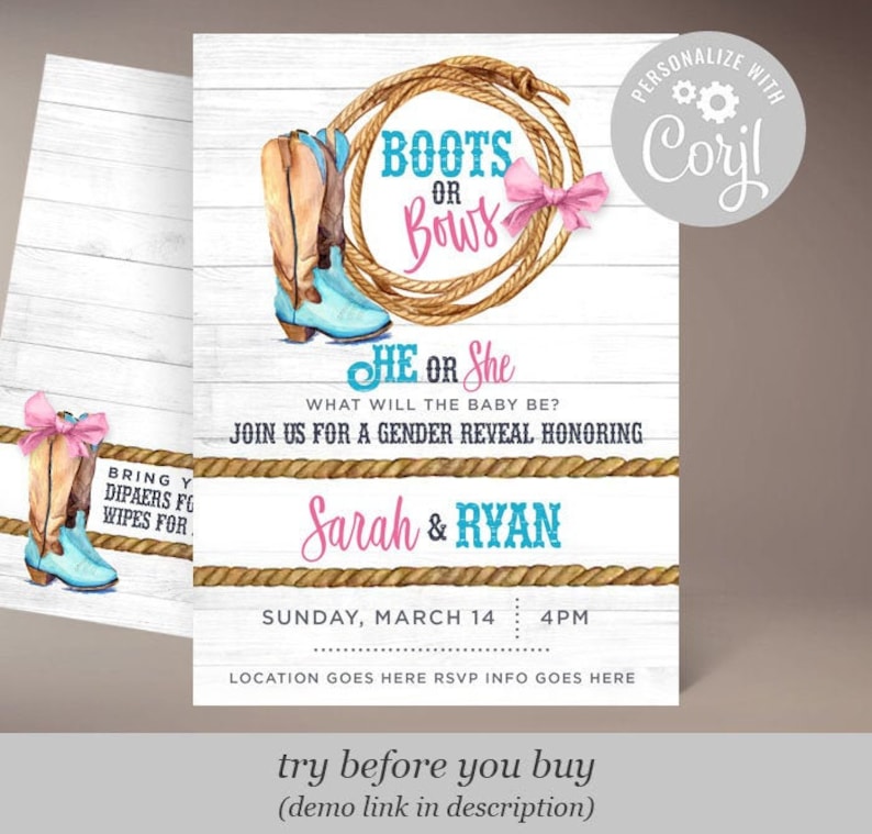 Boots or Bows Gender Reveal Printable Invitation Instant | Etsy