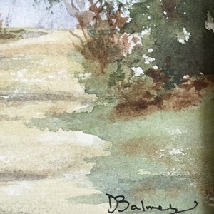 May include: Watercolor painting of a path leading through a forest with green trees and a light brown dirt path. The painting is signed "Balmes" in the bottom right corner.