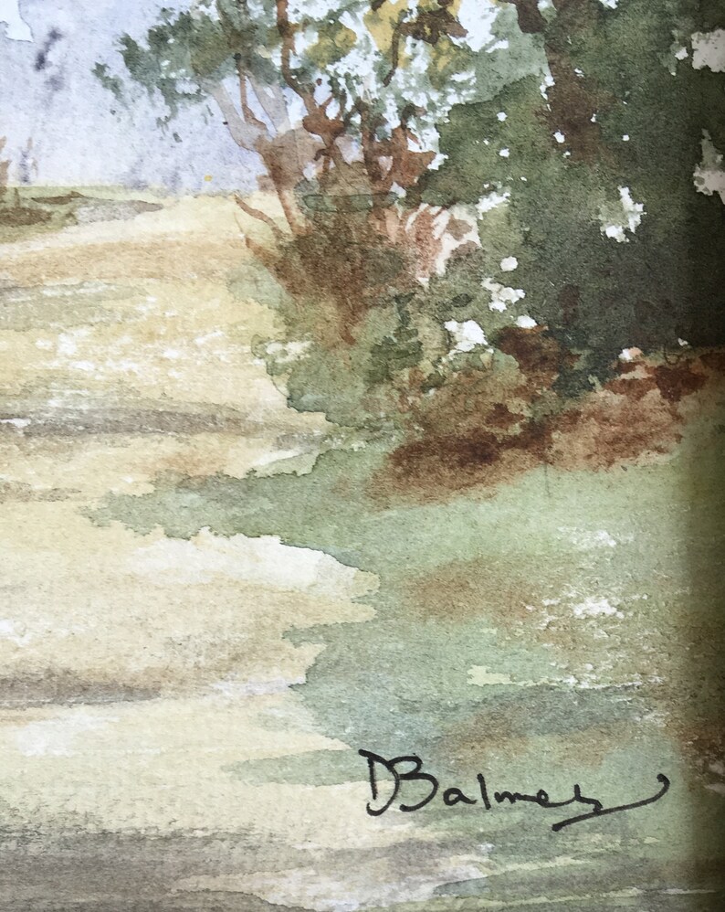 May include: Watercolor painting of a path leading through a forest with green trees and a light brown dirt path. The painting is signed "Balmes" in the bottom right corner.