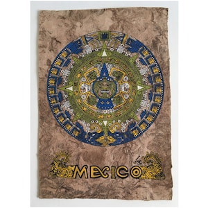 Mexican Amate Painting Aztec Calendar Stone Aztec Sun Stone Folk Art Handicraft Bark Paper Hand-Painted Signed Maxela Guerrero c. 1990