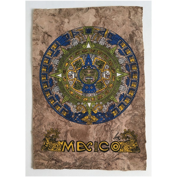 Mexican Amate Painting Aztec Calendar Stone Aztec Sun Stone Folk Art Handicraft Bark Paper Hand-Painted Signed Maxela Guerrero c. 1990