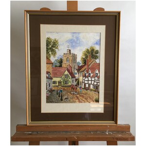 S. Stephens Original Watercolour Painting Village Life South East England Hunting Dog Shire Horse Parish Church Bell Inn Signed c. 1980s