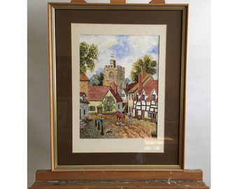 S. Stephens Original Watercolour Painting Village Life South East England Hunting Dog Shire Horse Parish Church Bell Inn Signed c. 1980s