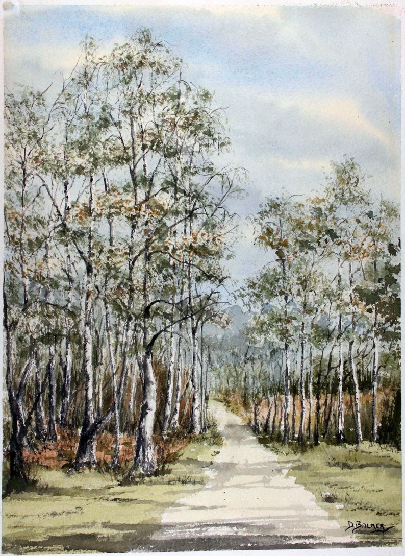 May include: A watercolor painting of a path through a birch forest. The trees are mostly white with some green leaves. The path is light brown and leads into the distance.