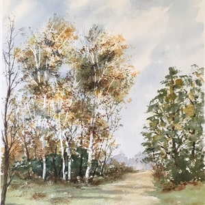 May include: Watercolor painting of a forest scene with a path leading through the trees. The trees are a mix of green and brown, with some of the trees having white bark. The sky is a light blue with some clouds.