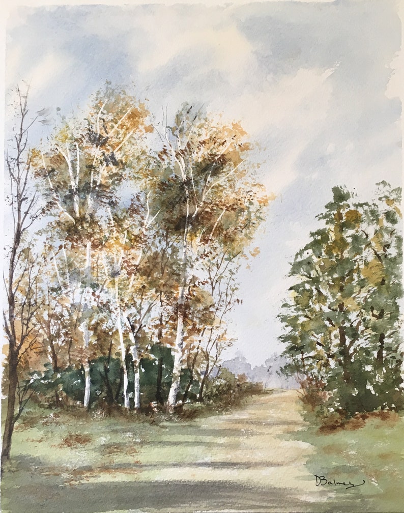 May include: Watercolor painting of a forest scene with a path leading through the trees. The trees are a mix of green and brown, with some of the trees having white bark. The sky is a light blue with some clouds.