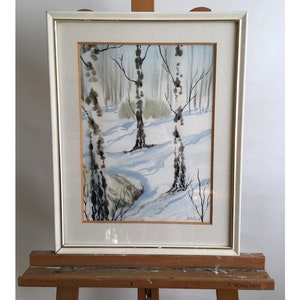 Original Watercolour Painting Winter Landscape with Birch Trees Russian School Signed 1991