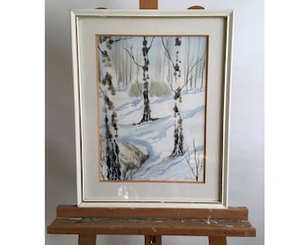 Original Watercolour Painting Winter Landscape with Birch Trees Russian School Signed 1991