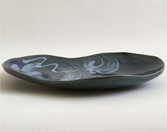 Studio Pottery Dish Stoneware Nature Inspired Design Hand-Painted Art Ceramics Impressed and Incised Pottery Marks England c. 1960s-1970s