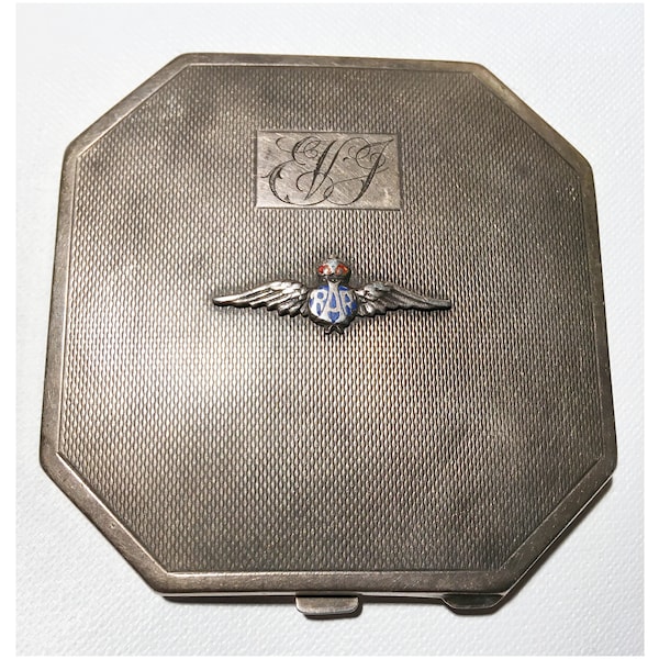 RAF Sterling Silber Powder Compact Art Deco Guilloché-Muster Massivsilber Pilot’s Wings Insignia Deakin & Frances Birmingham 1940-1941