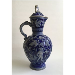 Merkelbach & Wick Stoneware Jug Salt Glazed Hand Moulded Cobalt Blue Grey Art Pottery King Gambrinus Dwarfs Hops Westerwald Germany 1880s