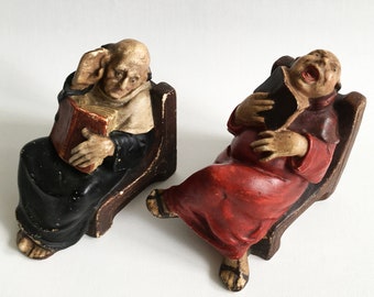 Antique Bookends Reading Monks Friars Figurines Plaster of Paris Hand-Painted Handcrafted Religious Art Late 19th Century