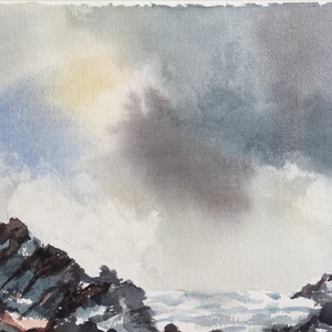 May include: A watercolor painting of a stormy seascape with dark gray clouds and a rocky coastline. The painting is titled "Light No 19."