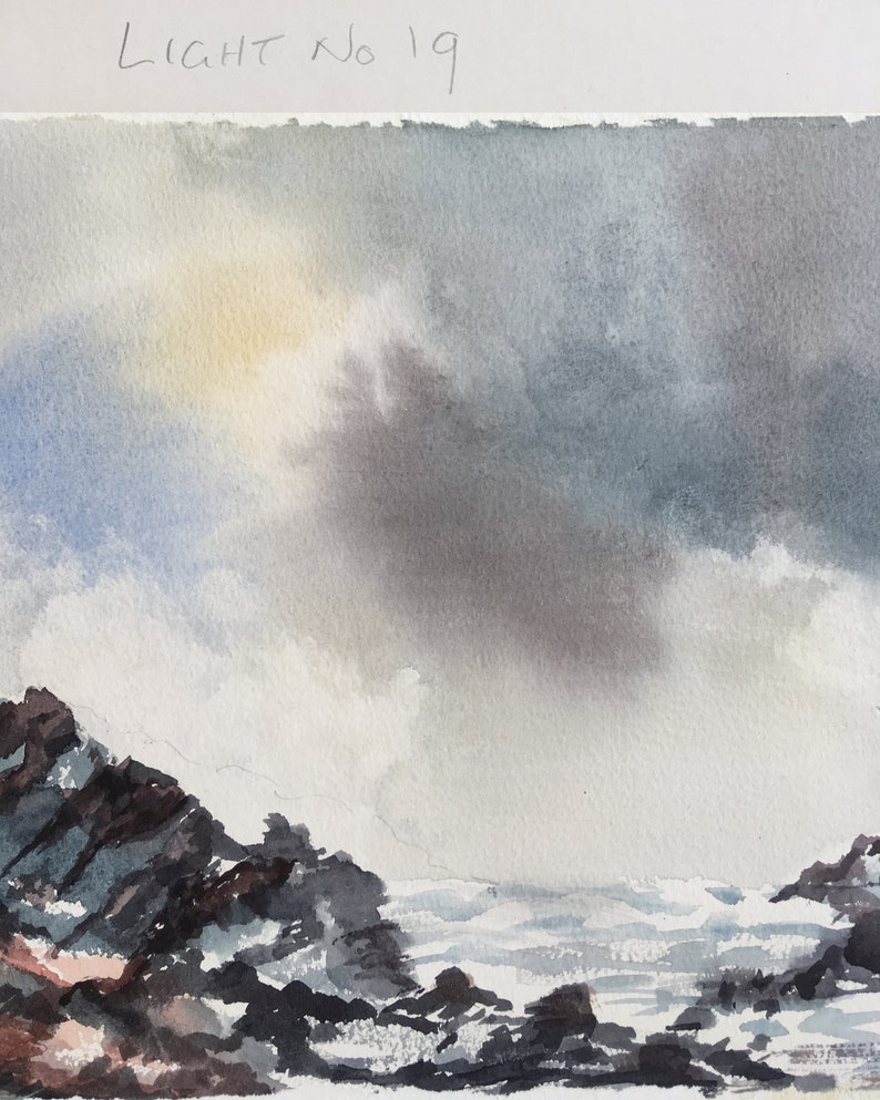 May include: A watercolor painting of a stormy seascape with dark gray clouds and a rocky coastline. The painting is titled "Light No 19."