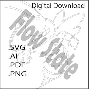May include: A black and white line art illustration of a cartoon bee. The bee is in a flying pose with its wings spread out. The text "Digital Download" is at the top of the image. Below the bee is a list of file types: .SVG, .AI, .PDF, .PNG.
