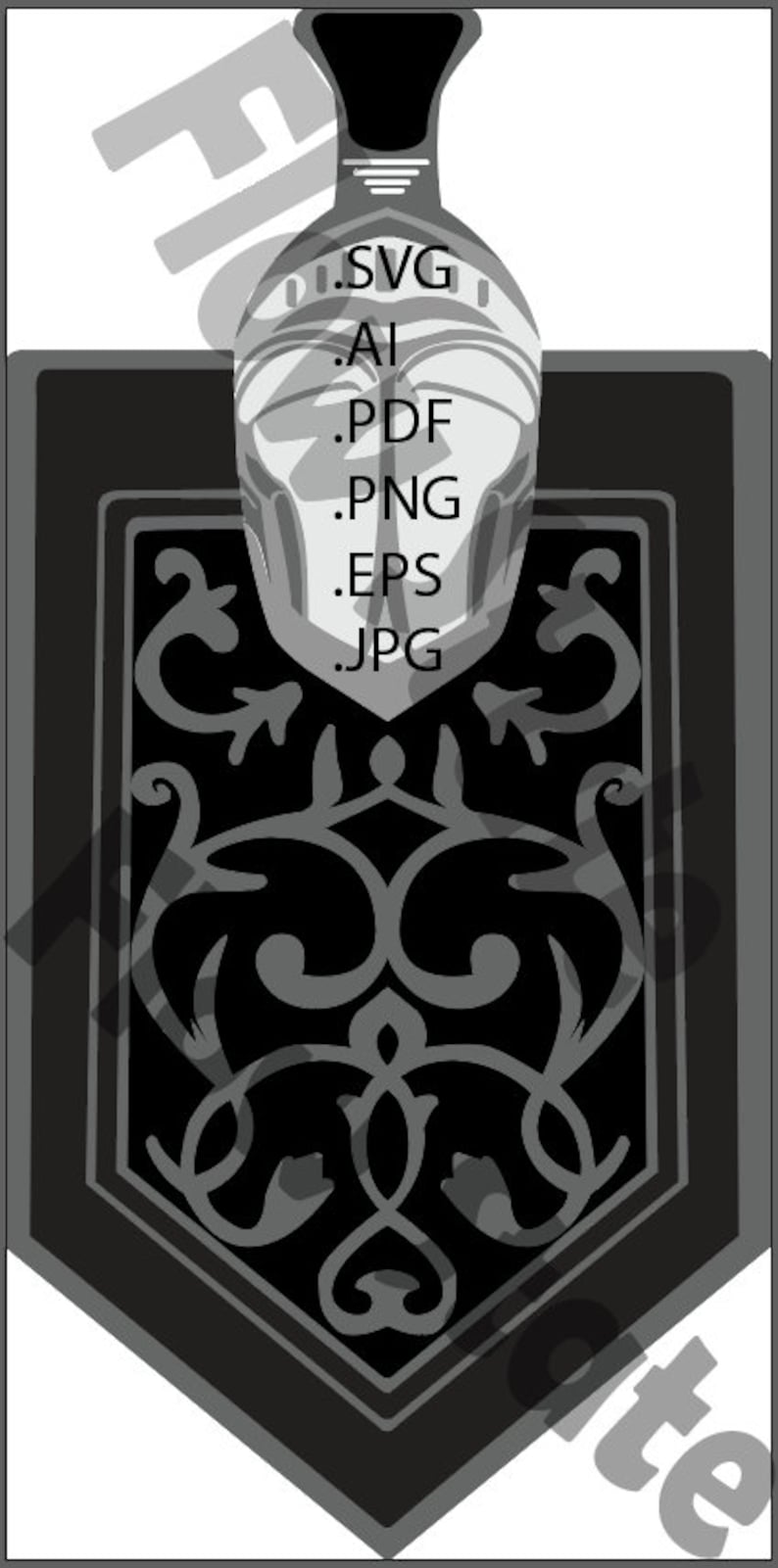 May include: Black and white vector graphic of a stylised floral design. The design is in the shape of a shield with a pointed bottom. The graphic includes the text .SVG, .AI, .PDF, .PNG, .EPS, .JPG.