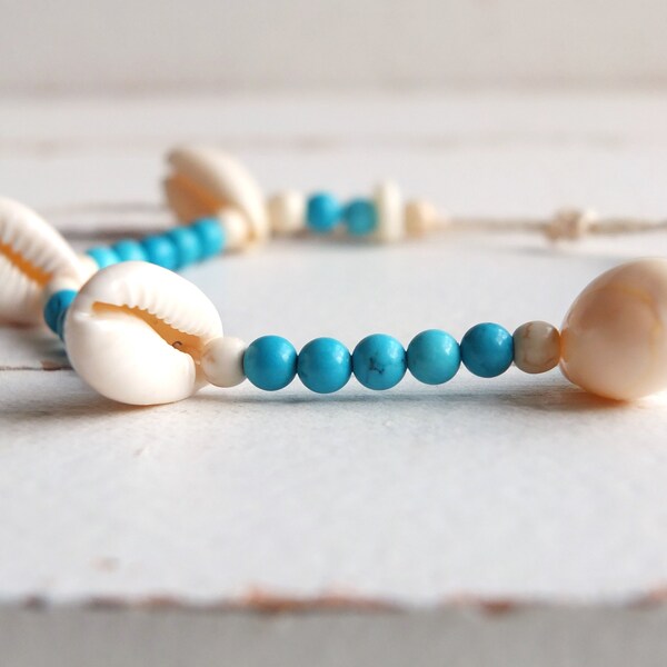 Turquoise Beads and Seashell Bracelet; Cowrie Shell; Anklet; Seashell Charm Bracelet; Adjustable Cord; Boho Bracelet, Beach Bracelet; Gift